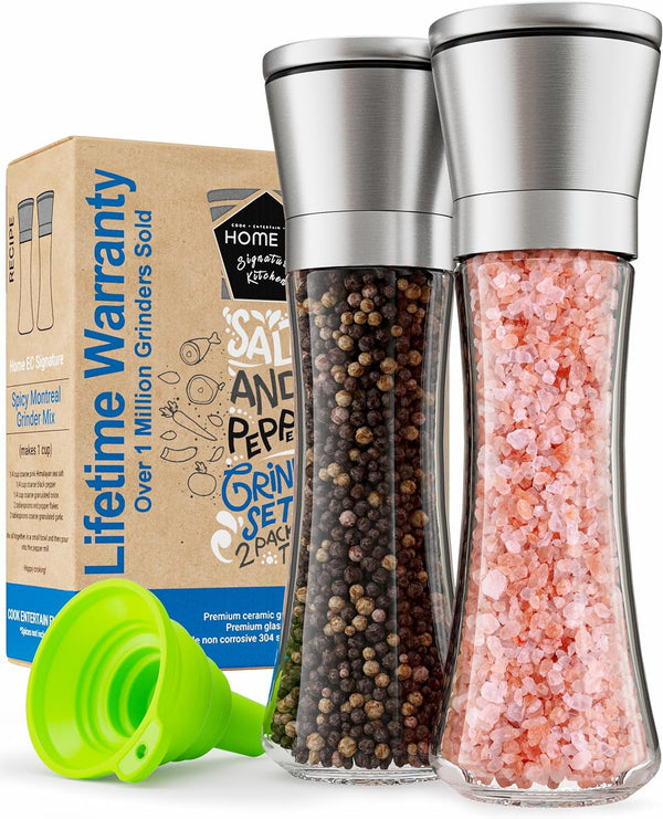 Home EC Premium Stainless Steel Sea Salt and Pepper Grinder Set of 2 - Adjustable Ceramic - Tall Glass Salt and Pepper Shakers - Kitchen Spice Mill W/Funnel & Ebook