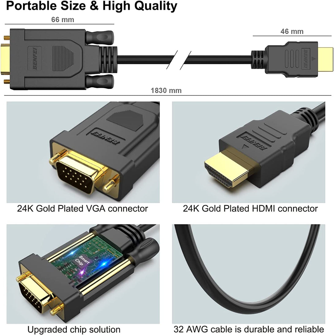 BENFEI HDMI to VGA 6 Feet Cable, Uni-Directional HDMI Computer to VGA Monitor Cable (Male to Male) Compatible for Computer, Desktop, Laptop, PC, Monitor, Projector, HDTV, Roku, Xbox