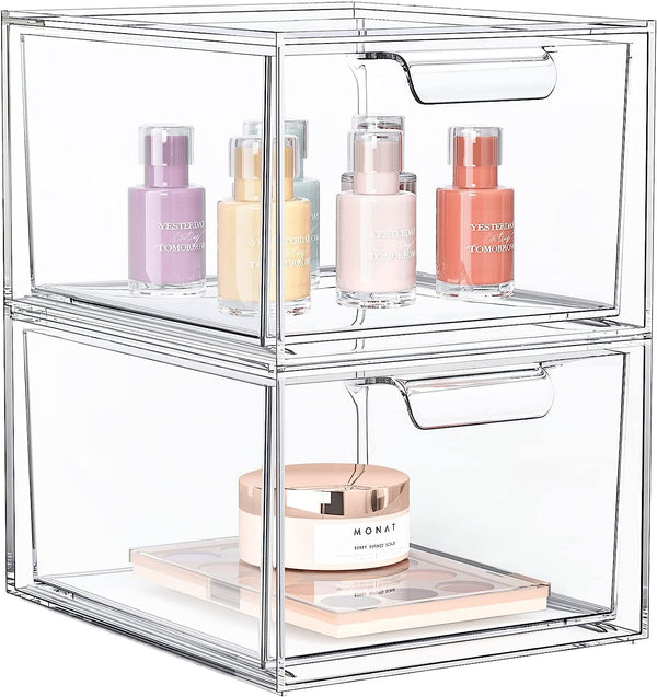 2 Pack Stackable Makeup Organizer and Storage, Acrylic Organizersï¼ŒClear Plastic Storage Drawer with Handles for Vanity, Undersink, Kitchen Cabinets, Pantry