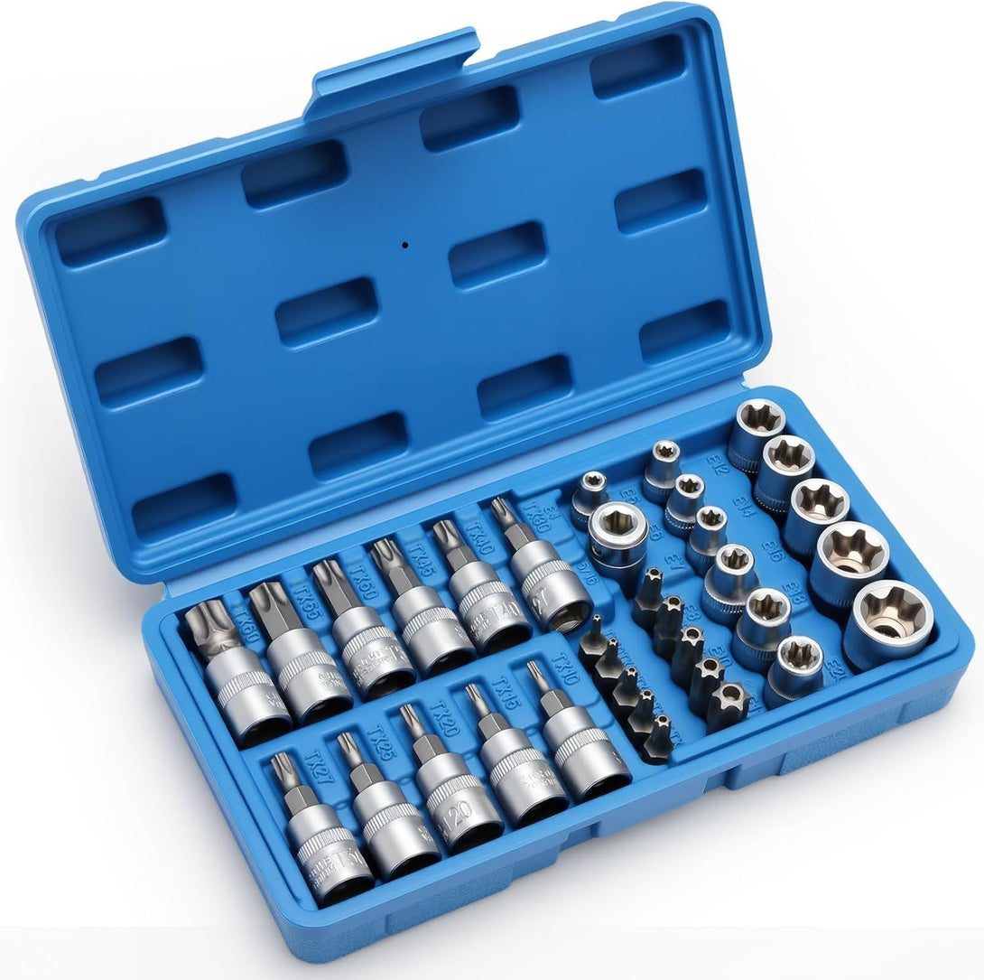 34-Piece 3/8'' Drive Torx Star Bit Sockets CR-V E-Socket Set, E4-20, T10-60, Tamper Proof Set TT10-TT55, 5/16"F to 3/8"M Adapter with Storage Case,S2 Steel, Ideal for Car,Trucks,Home Improvement