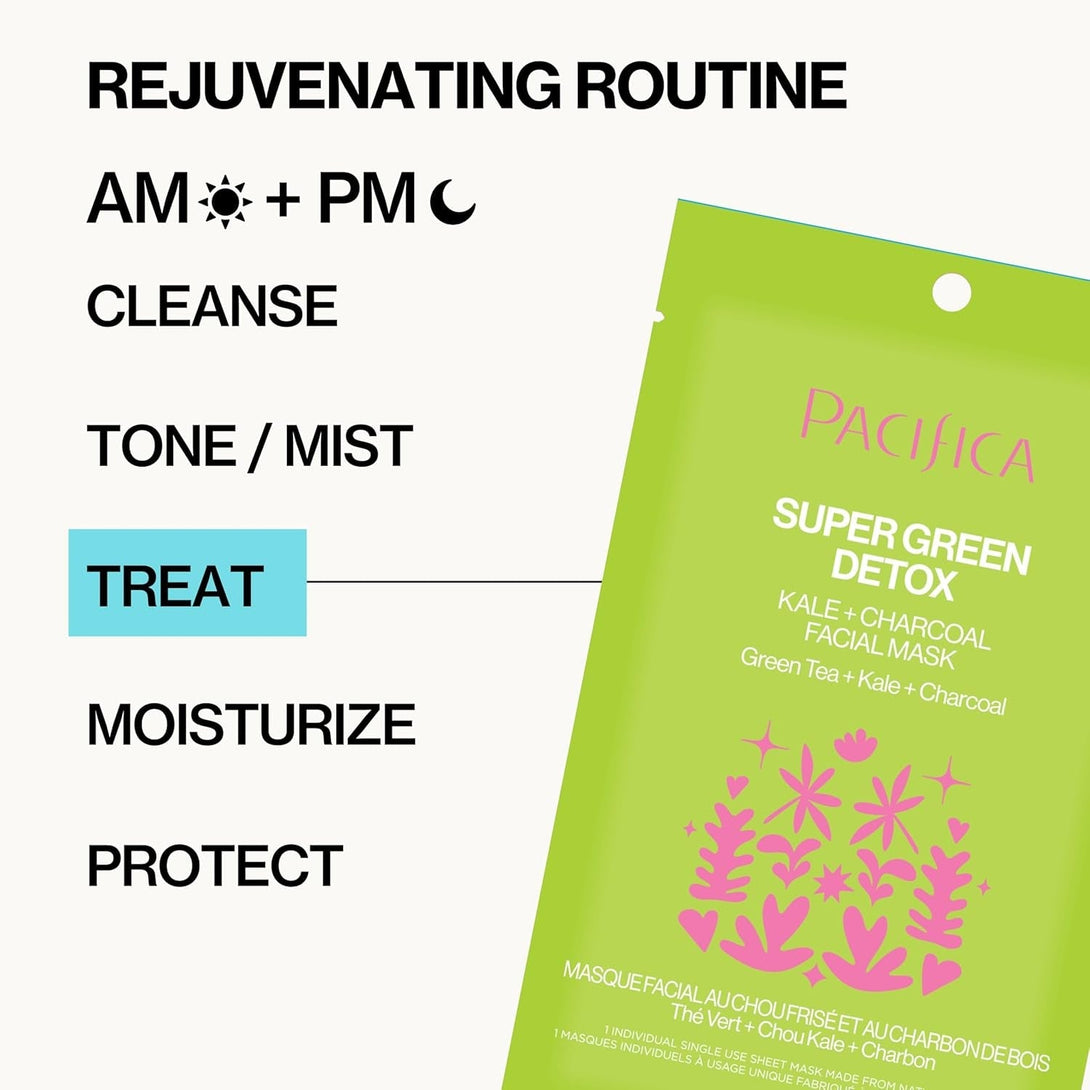 Pacifica Super Green Detox Sheet Mask – Charcoal, Kale & Clay Pore Cleansing Mask for Oily, Blemish-Prone Skin, Deep Detox Facial Mask, Vegan