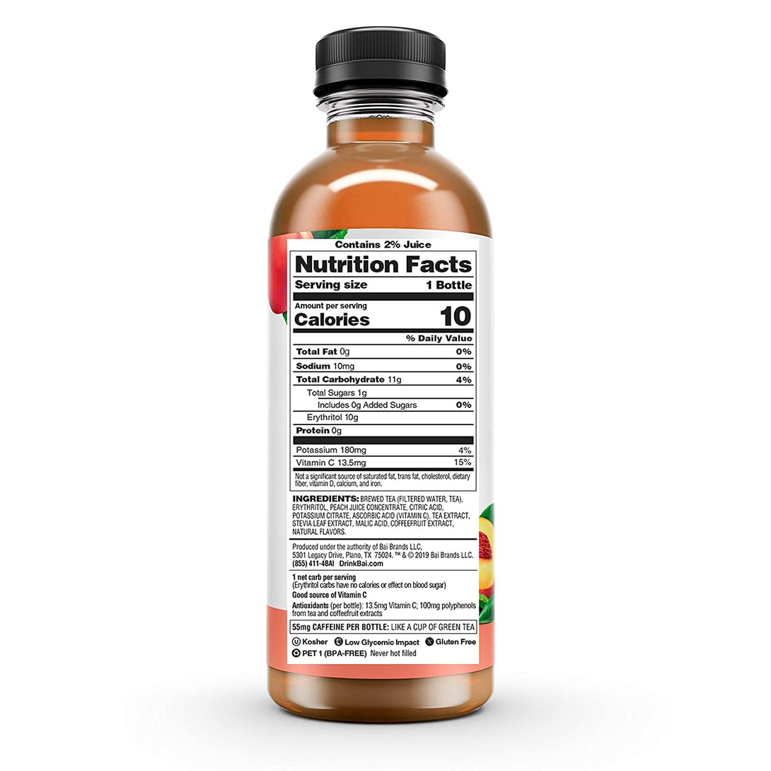 Bai Iced Tea, Narino Peach, Antioxidant Infused Supertea, Crafted with Real Tea (Black Tea, White Tea), 18 Fluid Ounce Bottles, 12 Count