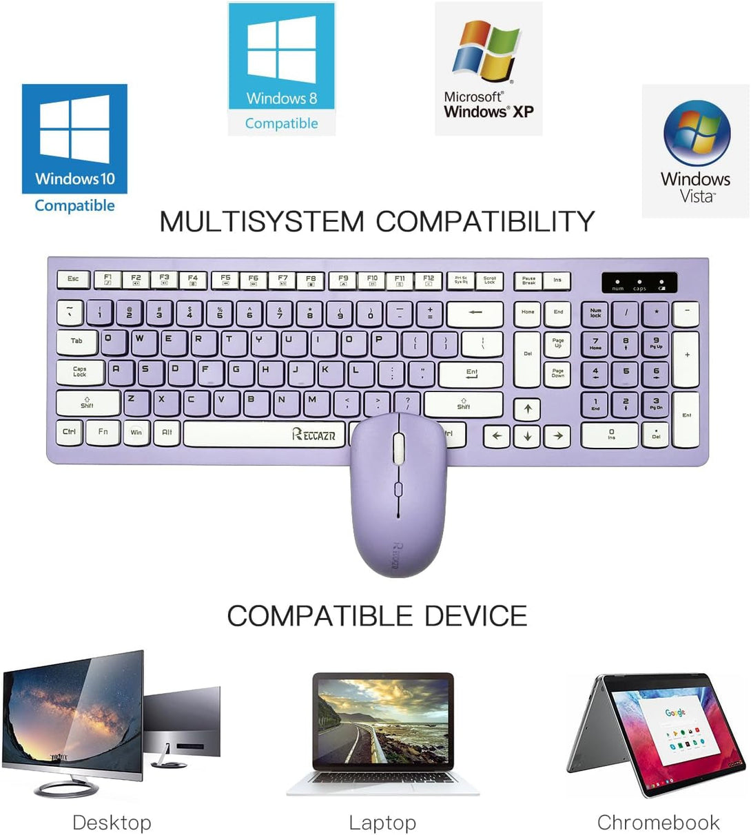 Wireless Keyboard and Mouse Combo, Full-Sized Wireless Keyboard and Adjustable DPI Mouse, 2.4Ghz USB Receiver, Wireless Keyboard and Mouse for PC, Windows, Desktop, Laptop (Purple)