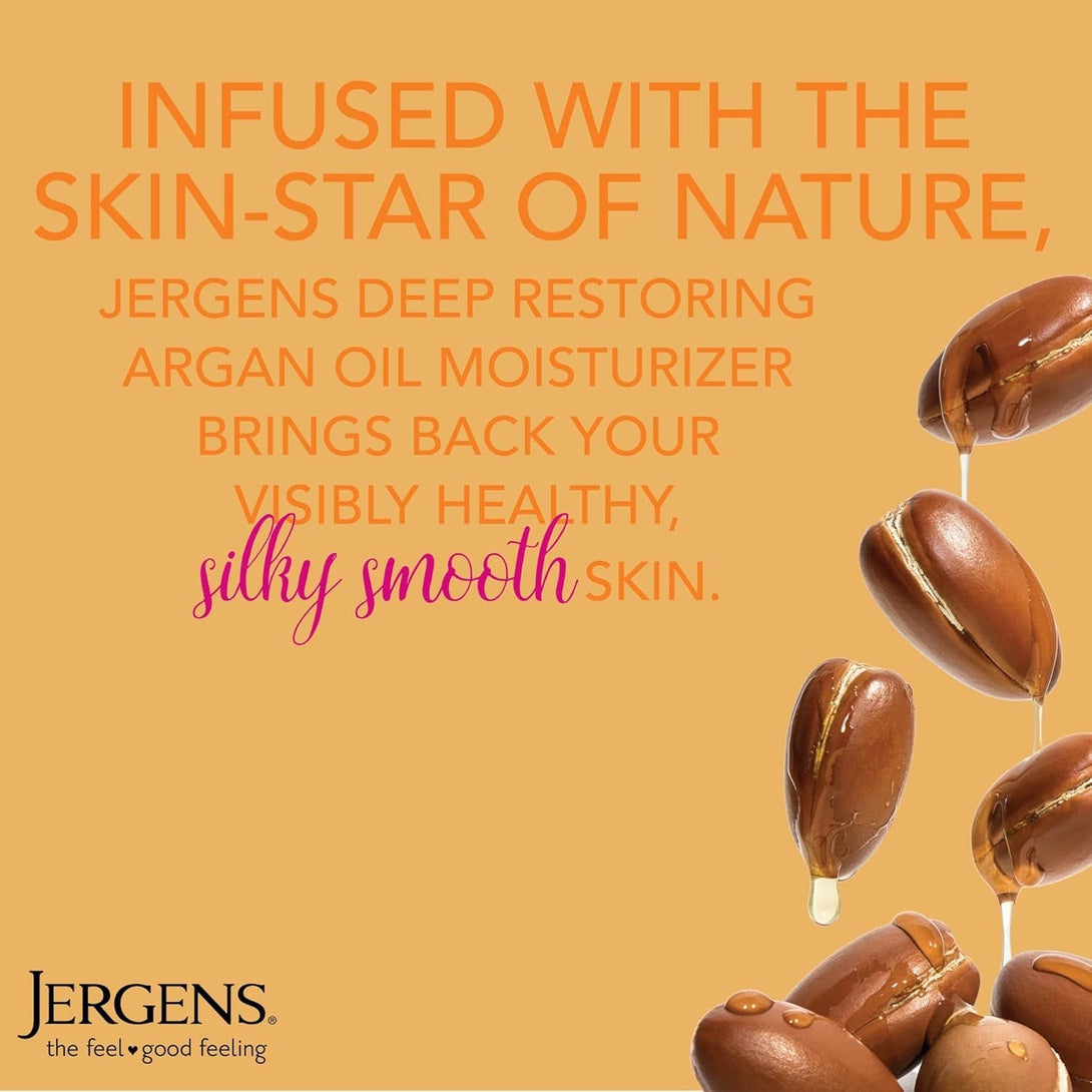 Jergens Deep Restoring Argan Oil Moisturizer, Soothing Body and Hand Lotion with Reviving Argan Oil and Vitamin E, Oil-Infused, Dermatologist Tested, 16.8 Oz