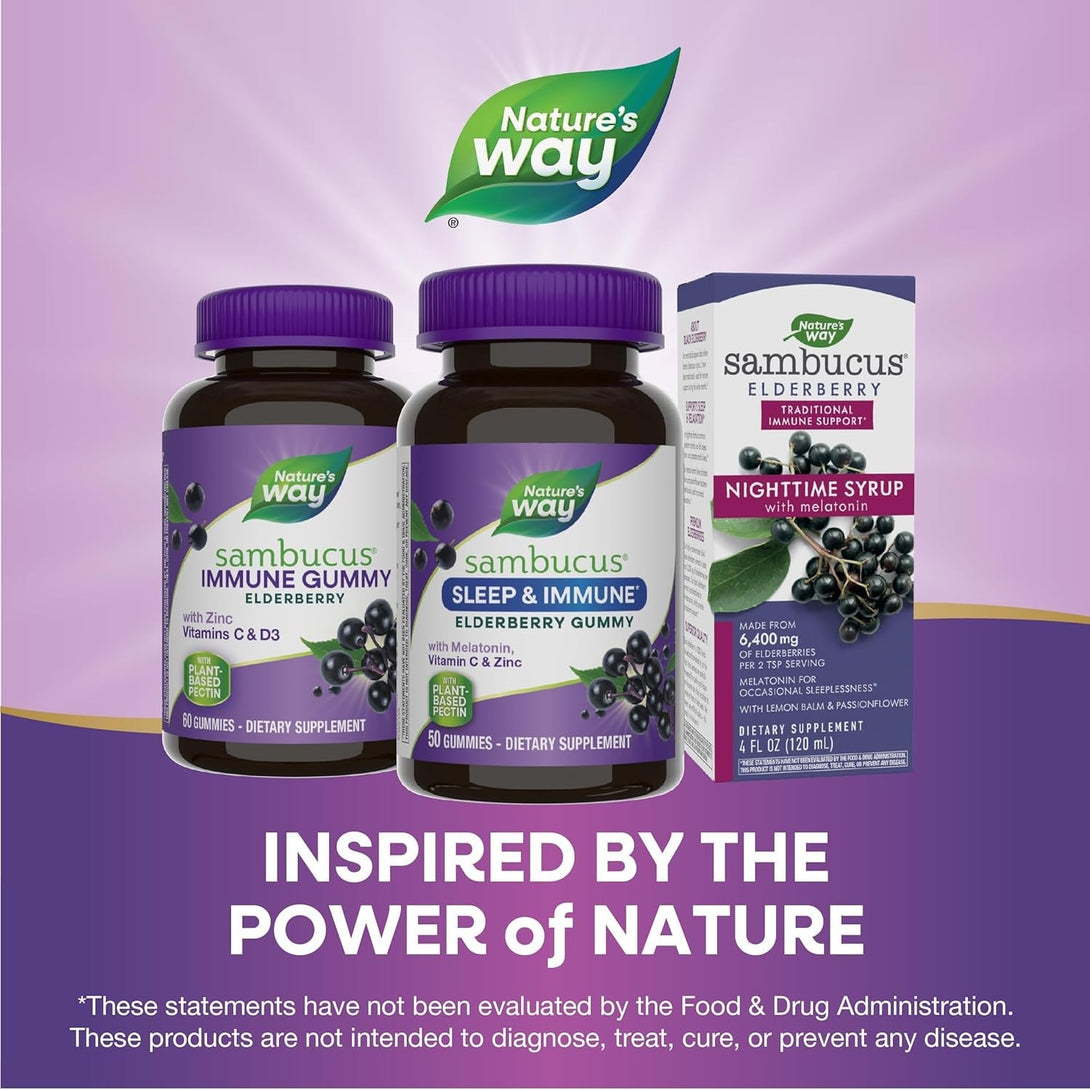 Nature’S Way Sambucus Sleep + Immune* Elderberry Gummies, Sleep and Immune Support*, with Melatonin, Vitamin C, L-Theanine, Zinc, 50 Gummies (Packaging May Vary)