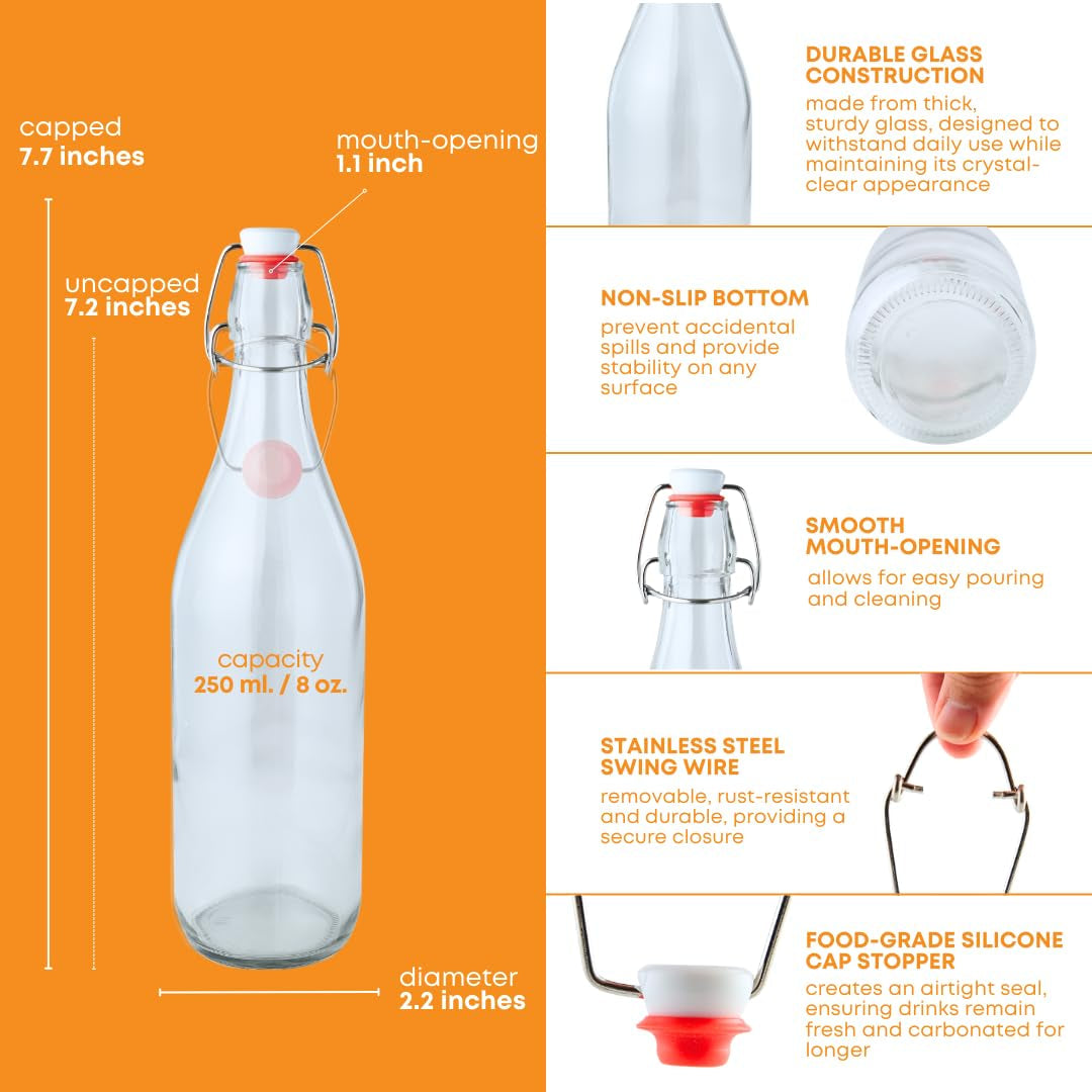 Fastrack Swing Top Glass Bottles - 8.5 Oz Pack of 8 - Amber Flip Top Bottles for Carbonated Drinks, Clear Glass Kombucha, Fermentation, Water - Food Grade & Eco-Friendly