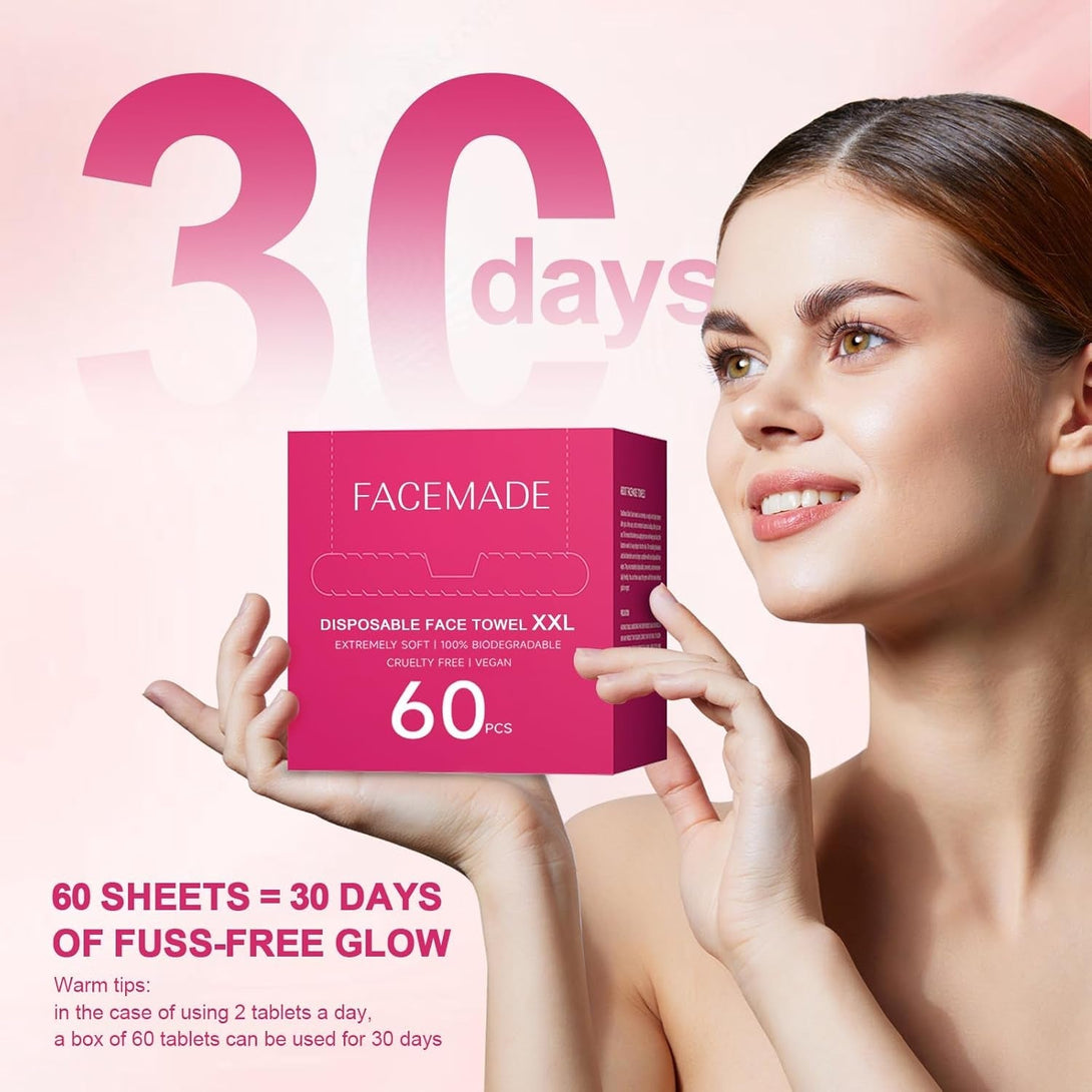 Face Towels Disposable, 60 Ct Clean Towels, XXL, Face Towelettes for Makeup and Clean Skin, Super Soft and Thick Dry Wipes Club, USDA Certified 100% Biobased