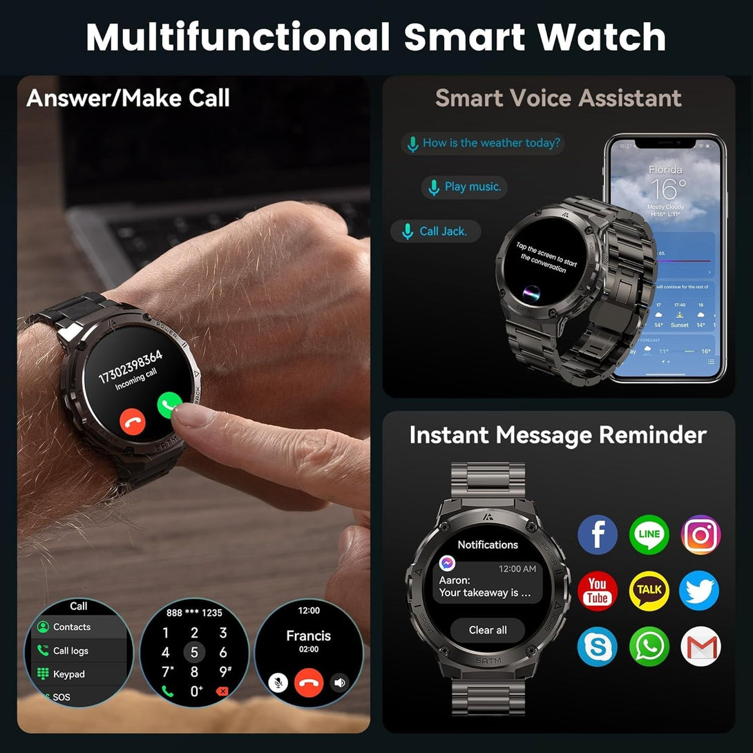 Smart Watches for Men GPS, Pressure,Altitude,Compass, 480Mah Extra-Large Battery, 50M Waterproof, Full Metal Body Rugged Smartwatch, Answer/Make Call,1.43" AMOLED Display(2 Bands)
