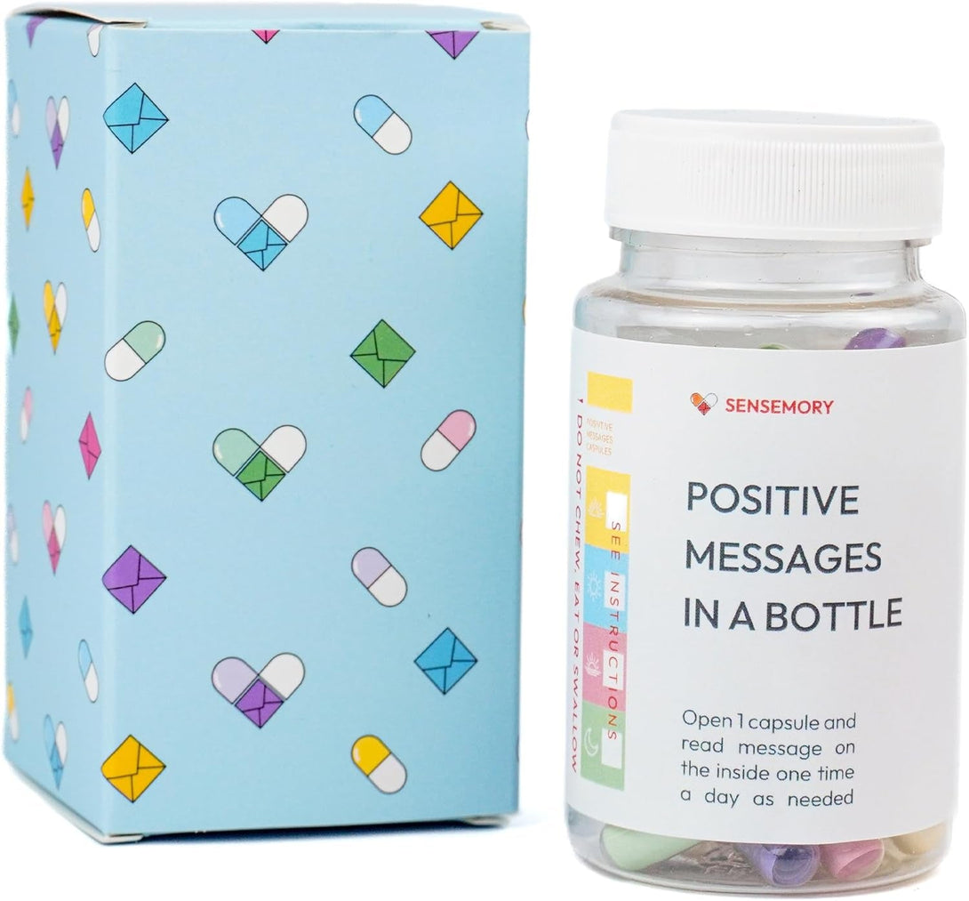 50 Positive Messages in a Bottle - Unique Stress Relief and Wellness Gifts for Men and Women - Desk Accessories for Meditation and Self Care - Xmas Gifts