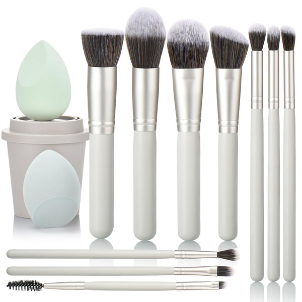 10Pcs Makeup Brush Set with Sponges and Drying/Storage Case，Best Gift for Women/Girls, Used for Powder, Foundation, Highlight, Eye Shadow, Concealer, Etc., Suitable for Beginners (Green 13Pcs)