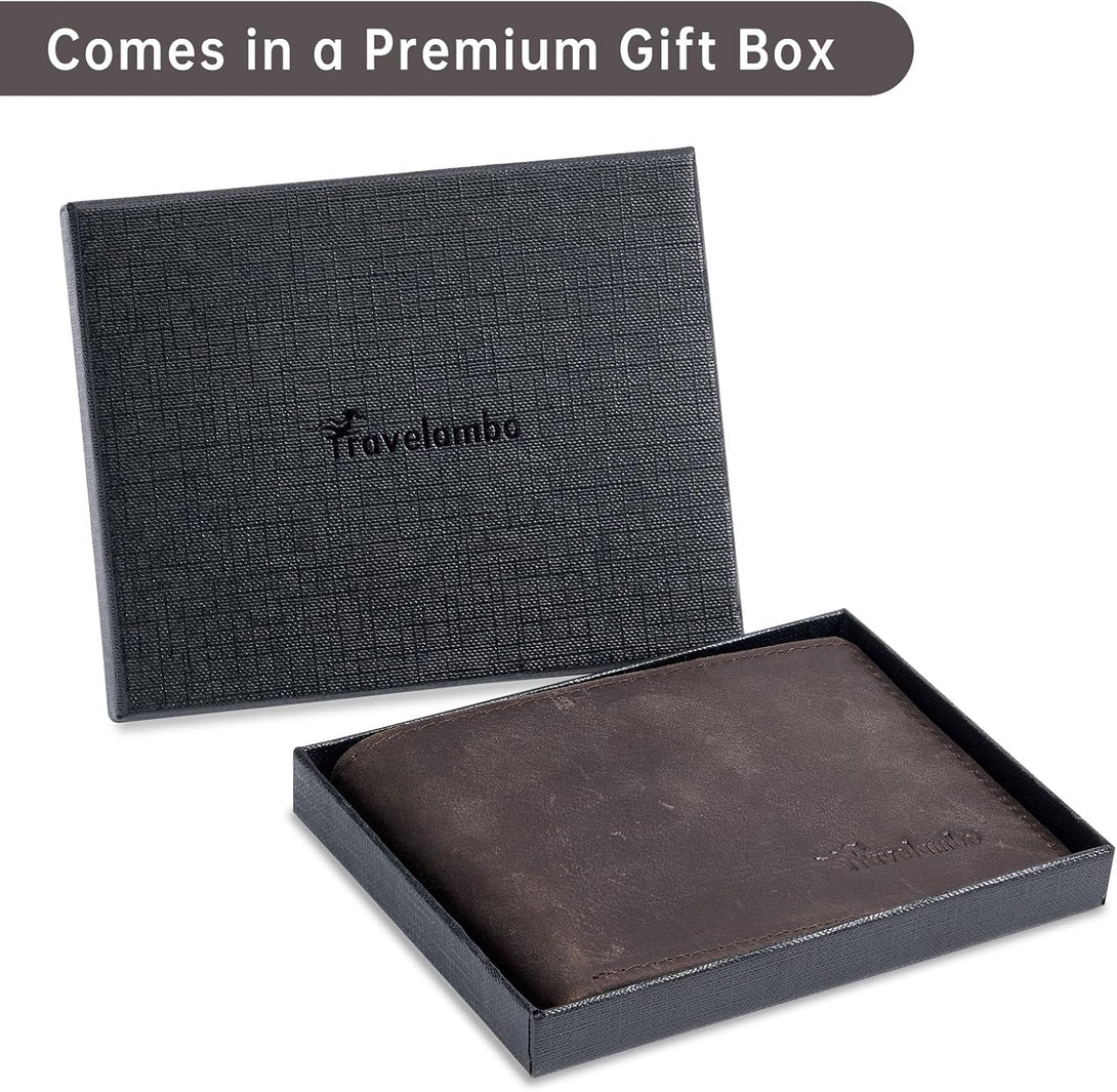 Real Leather Mens Bifold Wallet RFID Blocking Slim Minimalist Front Pocket - Thin & Stylish with ID Window in Gift Box (Crazy Horse, Coffee)