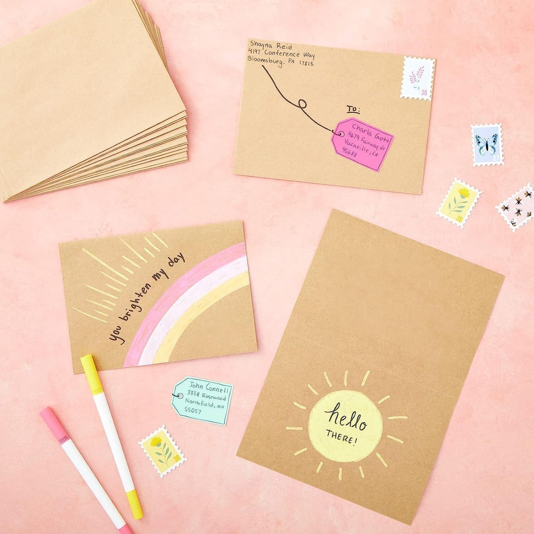 50 Pack Blank A7 Kraft Paper Cards and Envelopes, All Occasion 5X7 Note Cards for Invitations, Open When Letters