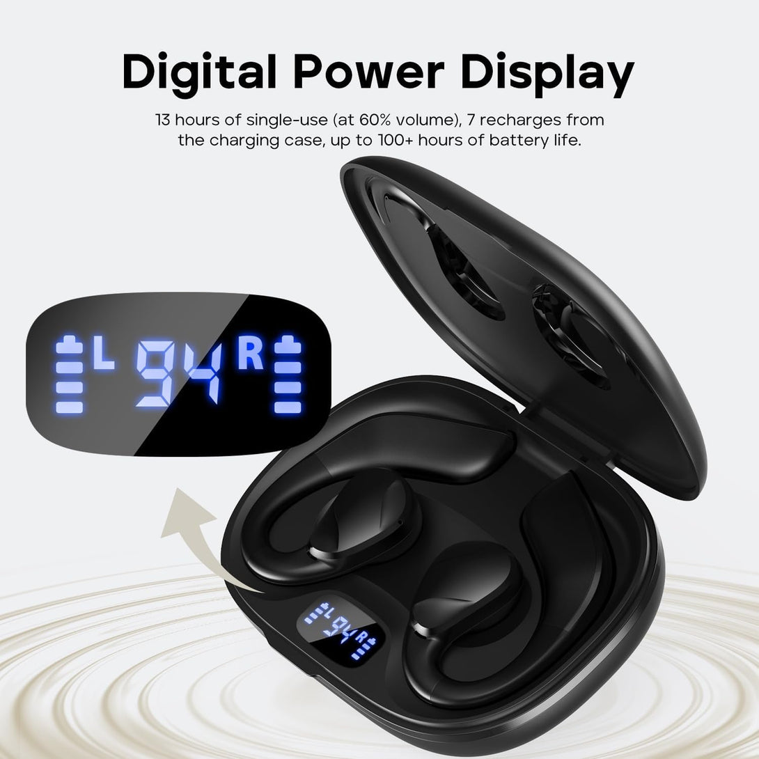 Tribit Open-Ear Headphones Opengo, Wireless Earbuds with Bluetooth 5.3, IPX5 Waterproof Sport Earphones, 104H Playtime with Charging Case, Ergonomic Earhooks, LED Display, Built-In Mic for Workout