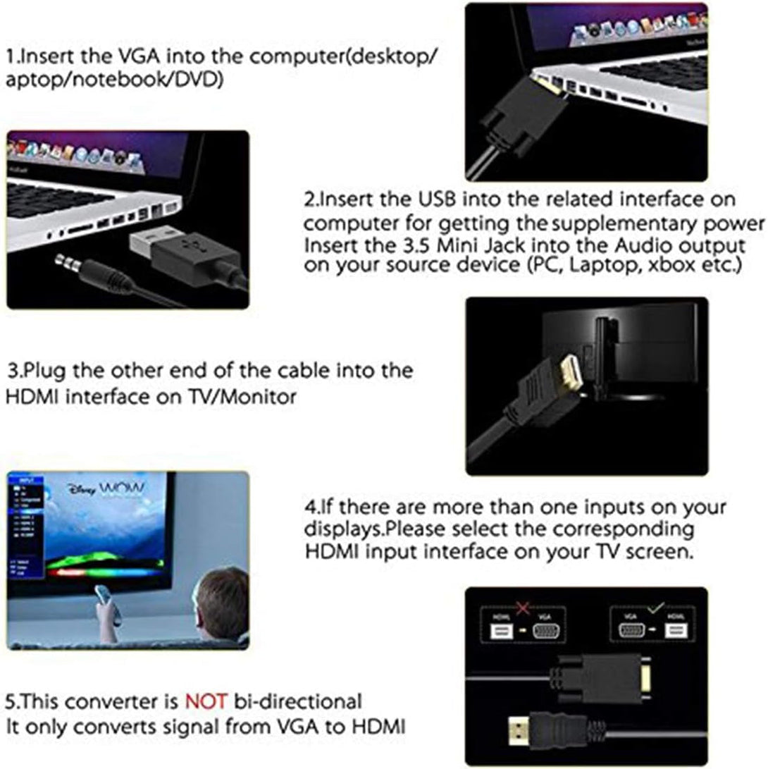 ONTEN VGA to HDMI, 1080P VGA to HDMI Adapter (Male to Female) for Computer, Desktop, Laptop, PC, Monitor, Projector, HDTV with Audio Cable and USB Cable (Black)