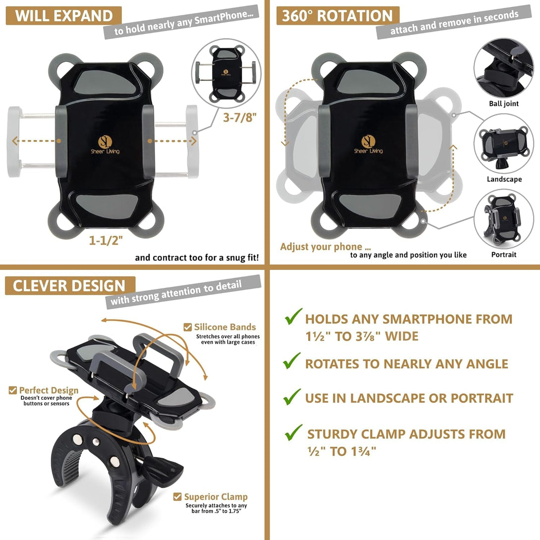 Baby Stroller Phone Holder, Shopping Cart, Golf Cart, Push Cart, Bike Phone Mount, for Motorcycle, Scooter, ATV, Boat, Spin Bike, Treadmill, Handlebar- Universal- Iphone, Cell Phone Clamp (Grey)