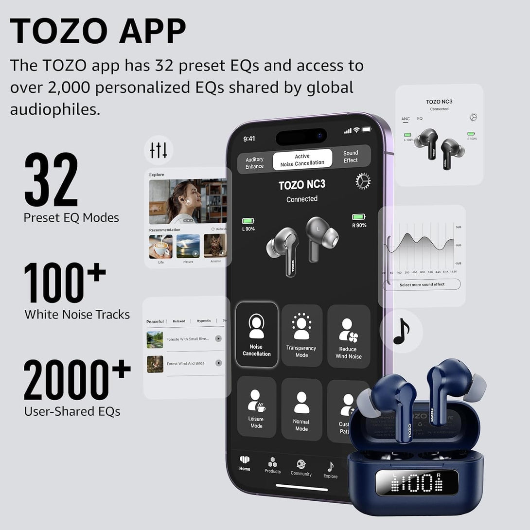 TOZO Hybrid Active Noise Cancelling Wireless Earbuds with 6 Mics AI Clear Call Ear Buds 55H Playtime with LED Display 32 Preset Eqs via APP Bluetooth 5.3 IPX8 Waterproof in Ear Headphones