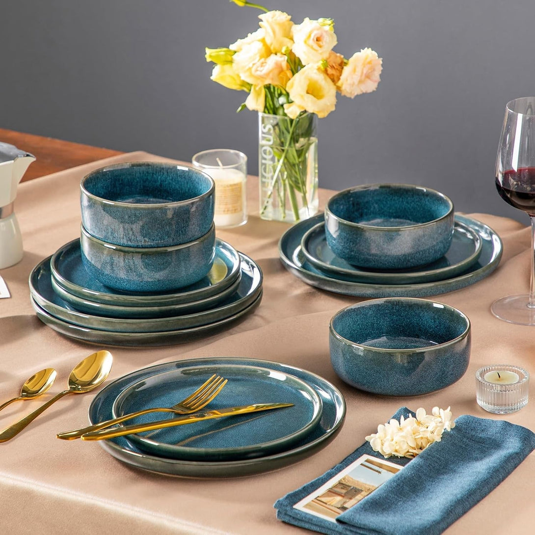 Vancasso VEGA Plates and Bowls Sets, 12 Pieces Stoneware Dinnerware Sets Dishes Set Modern Kitchen Dishware Sets Service for 4, Dishwasher and Microwave Safe, Blue