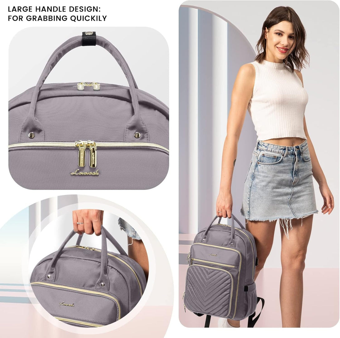 LOVEVOOK Womens Backpack,15.6 Inch Laptop Backpack for Work Travel, Large Capacity Work Backpack for Teacher Nurse, Computer Bag with USB Charging Port.Grey Purple.