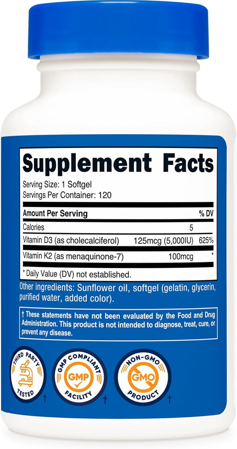 Nutricost Vitamin K2 (MK7) (100Mcg) + Vitamin D3 (5000 IU) 120 Softgels - Gluten Free and Non-Gmo