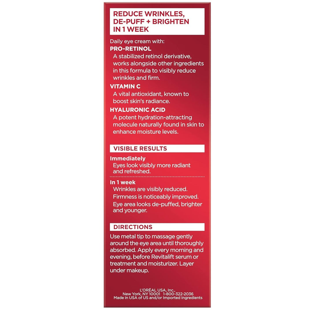 L'Oreal Paris Revitalift Triple Power Anti-Aging Eye Cream Treatment, with Pro Retinol, Hyaluronic Acid & Vitamin C to Reduce Wrinkles, De-Puff and Brighten Skin, 0.5 Fl. Oz.