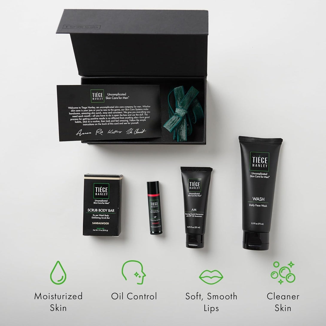 Tiege Hanley Mens Skin Care Gift Box Set, Bronze - Men'S Skincare Set Includes Face Wash, Facial Moisturizer with SPF 20 Sunscreen, Body Exfoliating Scrub Bar, & Moisturizing Lip Balm