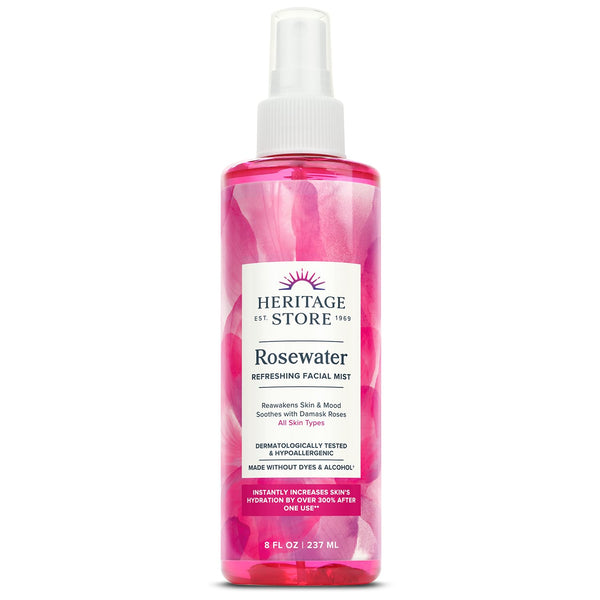 HERITAGE STORE Rosewater - Refreshing Facial Mist for Glowing Skin with Damask Rose, All Skin Types - Rose Water Spray for Face, Made without Dyes or Alcohol, Hypoallergenic, Vegan, Cruelty Free, 8Oz