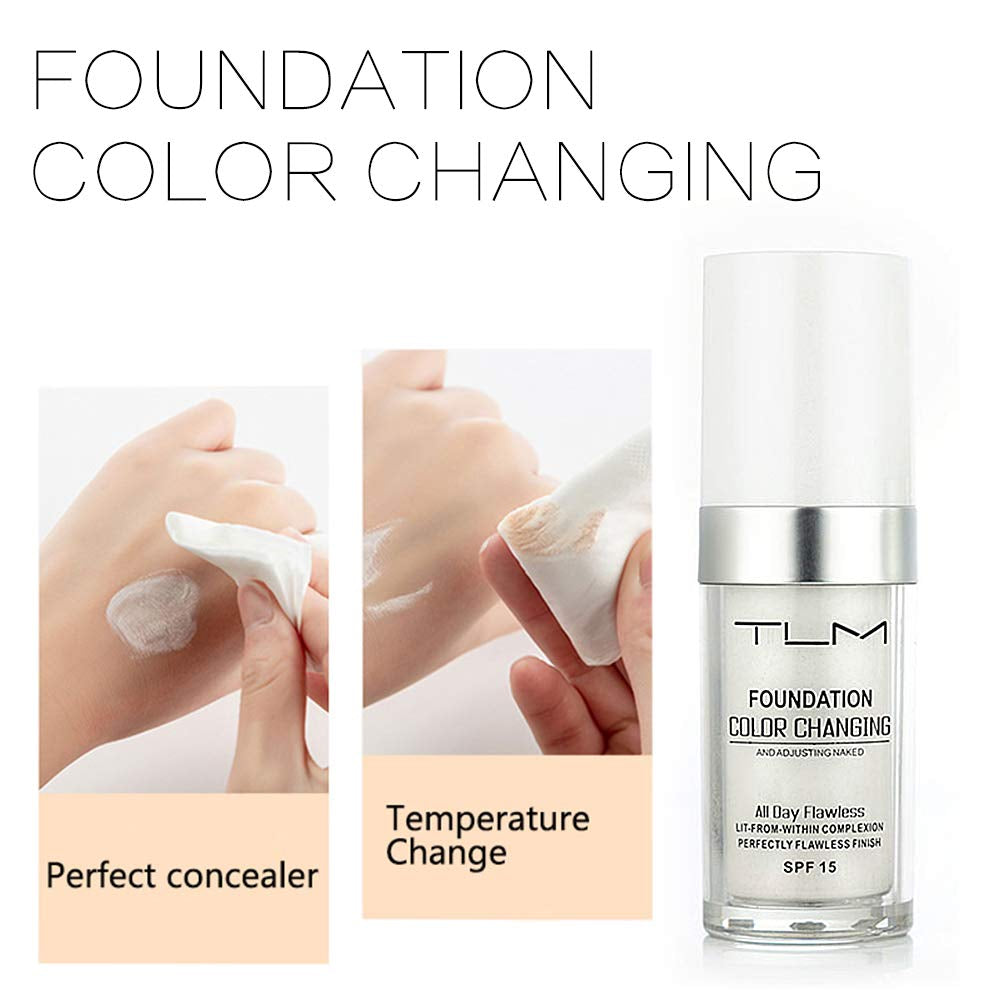 5PCS TLM Colour Changing Foundation Makeup Set Matte Liquid Full Coverage Oil Control Breathable Invisible Cover Concealer Foundation with Face Primer, Foundation Brush, Makeup Sponge