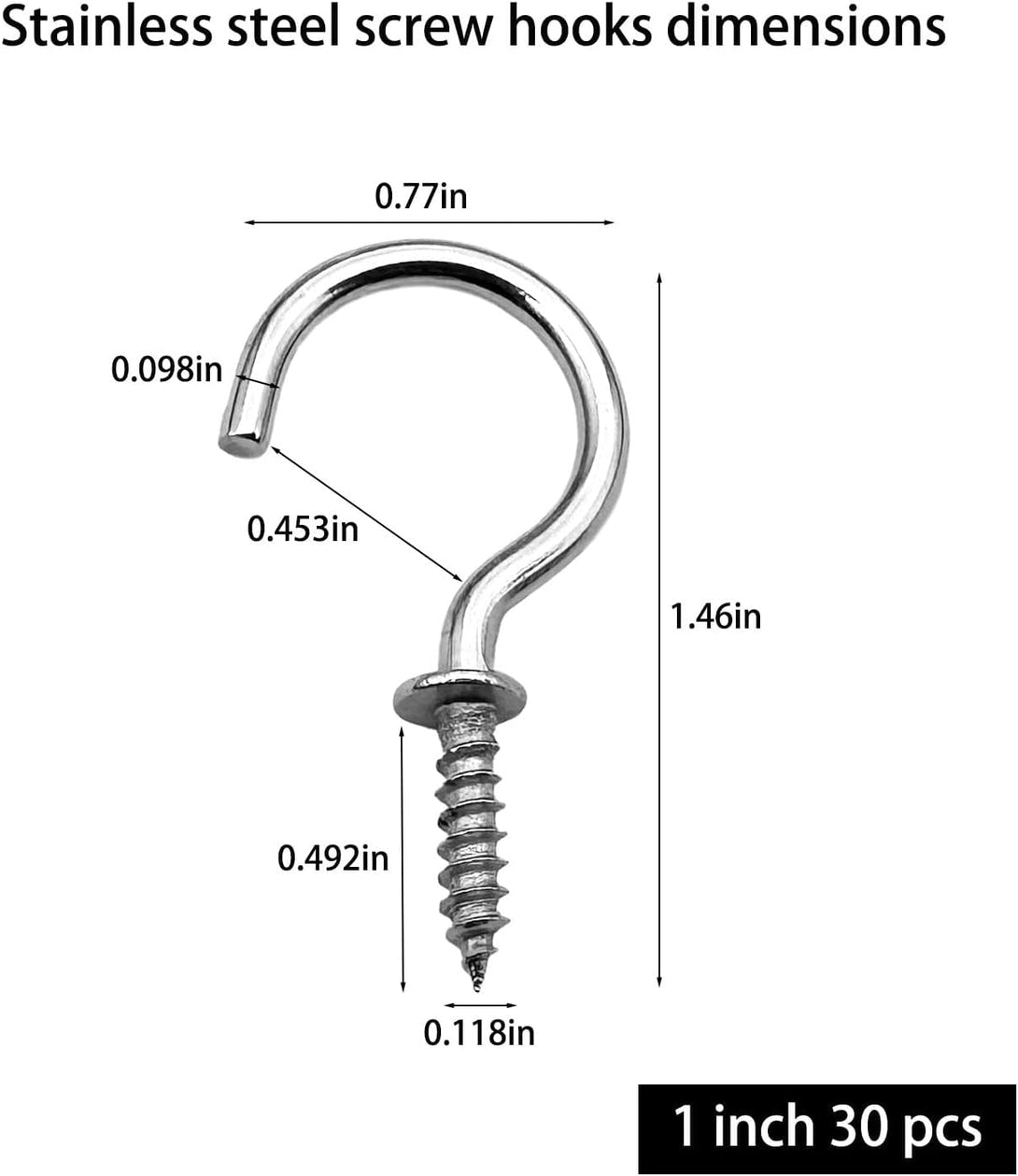 30 Pcs (304) Stainless Steel Screw Ceiling Hooks 1 Inch Cup Hook Screw-In Light Hooks