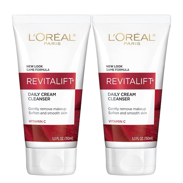 L'Oreal Paris Revitalift Daily Cream Cleanser, Gentle Makeup Remover Face Wash with Vitamin C 5 Fl. Oz (Pack of 2)