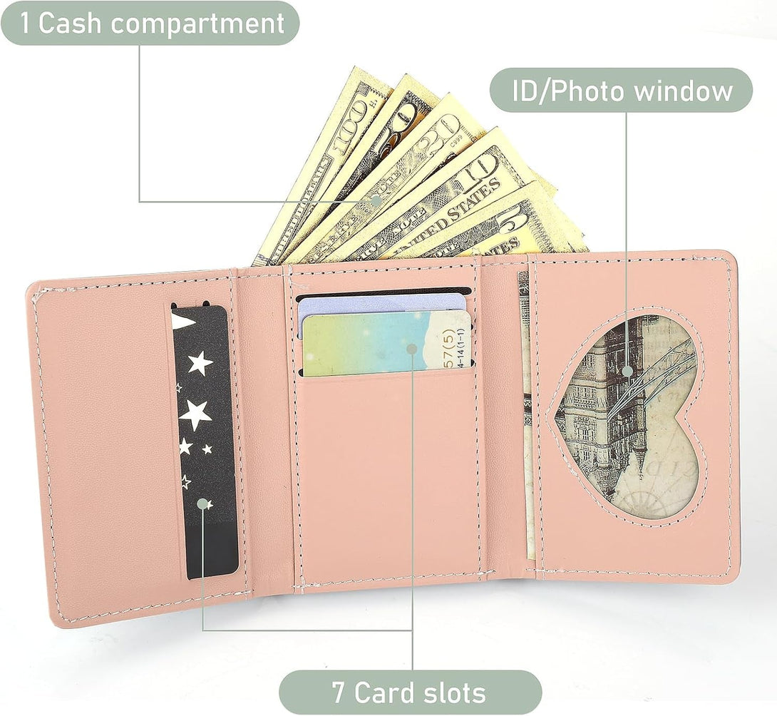 Lusofie Cute Wallet for Teen Girl PU Leather Trifold Small Wallet Cash Pocket Flowers Print Card Holder Coin Purse with ID Window for Girls Women