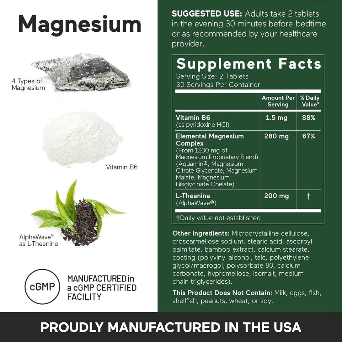 Smarter Nutrition Magnesium Complex - Chelated Magnesium Glycinate + Citrate, Malate for Sleep, Relaxation, Muscle & Nerves + Clinically Proven L-Theanine, Non-Gmo-60 Tablet[30-Day Supply]