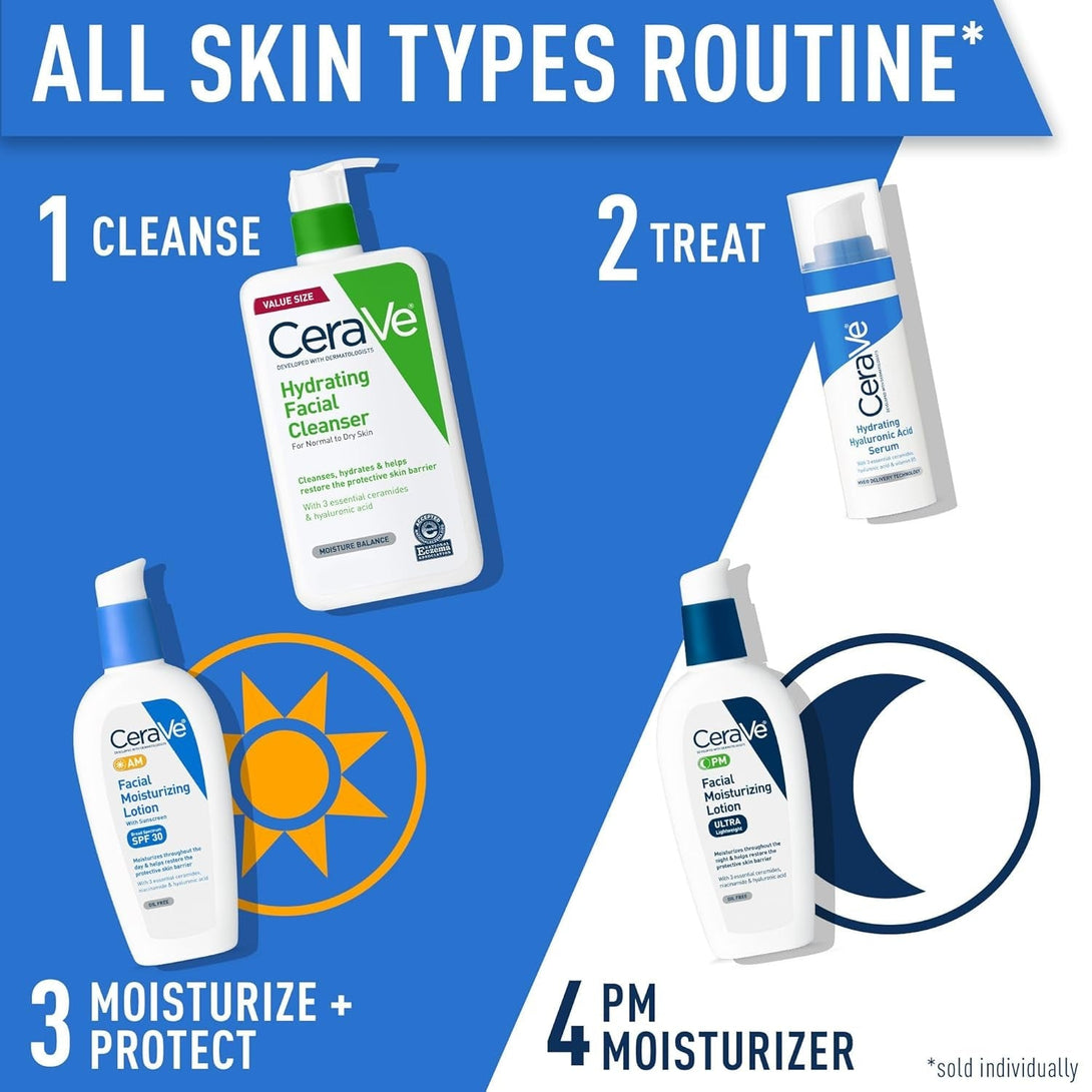 Cerave AM Facial Moisturizing Lotion with SPF 30, Oil-Free Face Moisturizer with SPF, Formulated with Hyaluronic Acid, Niacinamide & Ceramides, Non-Comedogenic, Broad Spectrum Sunscreen, 3 Ounce