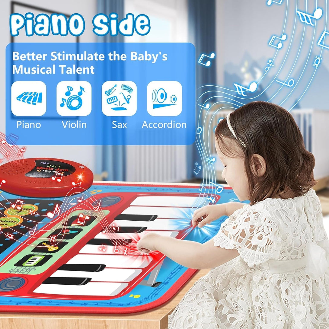 2-In-1 Musical Mat Toys for 1 2 3 4 5 Year Old, Piano Keyboard & Drum Set with 2 Drum Sticks, Early Educational Musical Learning Toys Birthday for 1 2 3 4 5 Year Old Boys & Girls, Blue