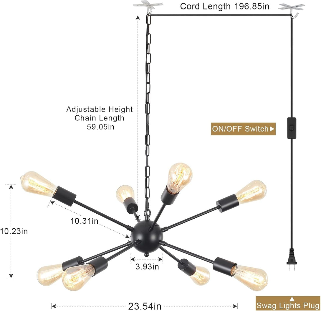 8 Lights Plug in Chandelier Sputnik Ceiling Light Fixture Black Hanging Lights with Plug in Cord 16.4Ft Sputnik Chandeliers for Dining Room Living Room Bedroom Foyer