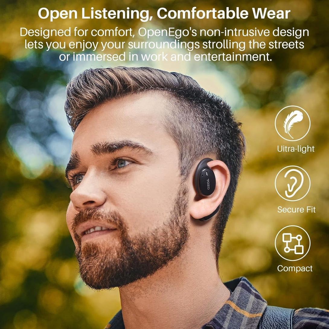 TOZO Openego True Wireless Open Ear Headphone, 5.3 Bluetooth Sport Earbuds with Earhooks for 80H Playback with Digital Display, 32 EQ Modes Dual Mic Clear Call Sweat-Proof for Running Workout Black