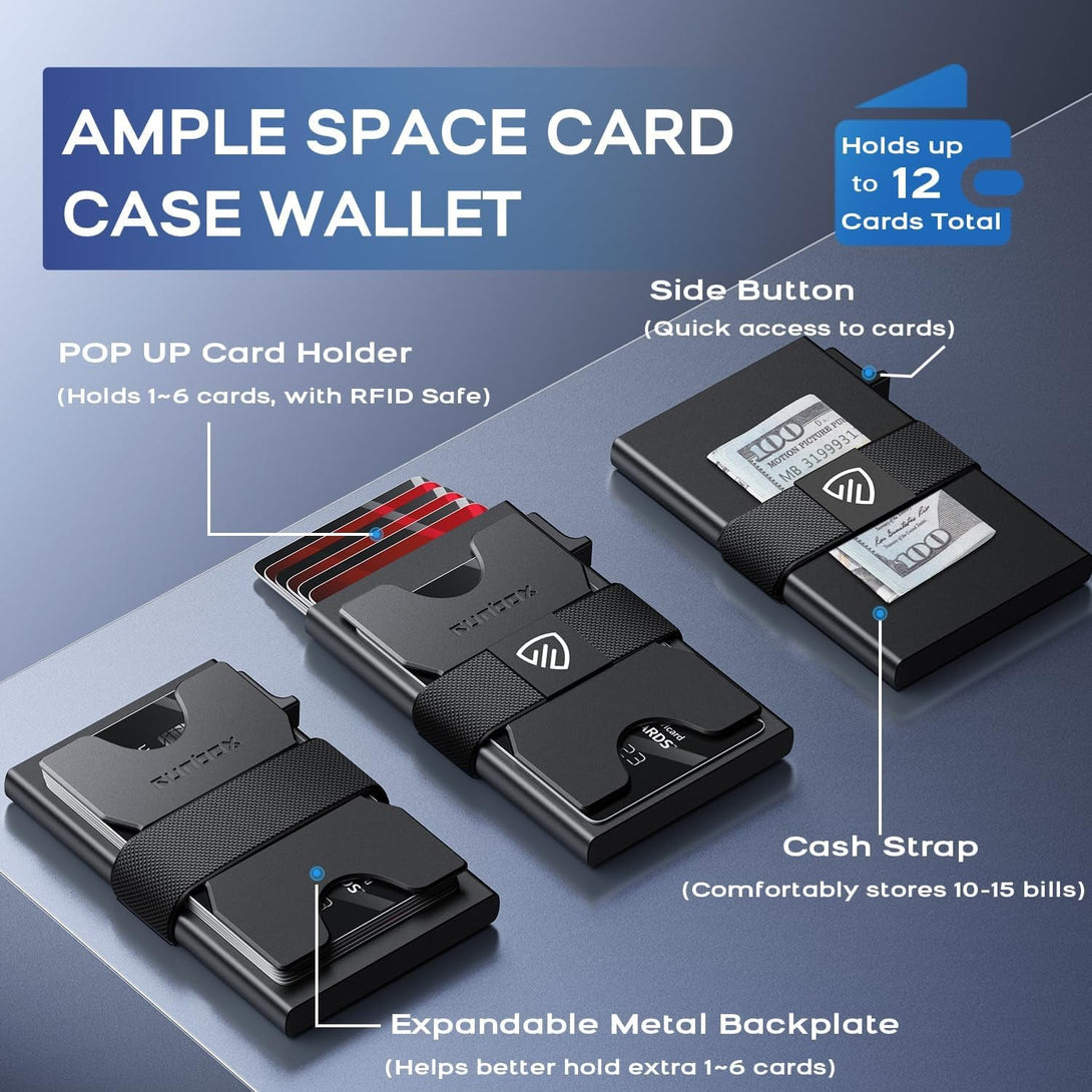 RUNBOX Slim Card Holder Wallet for Men, Minimalist RFID Blocking Wallet with Pop-Up Function, Ultra-Thin Design, Metal Business Card Cases Holds 12+ Cards, Gifts for Men, Men'S Accessories