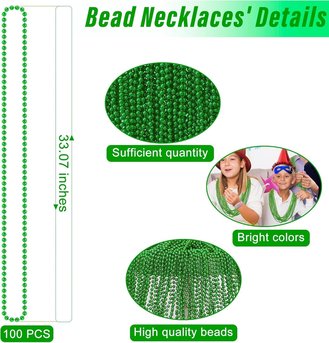 100PCS St Patricks Day Accessories, Green St. Patricks Day Beads Necklace, 33" round Beads Irish Saint Patricks Necklaces Costume Bulk, Parade Throw Accessories for Wedding Birthday St. Patricks Decor