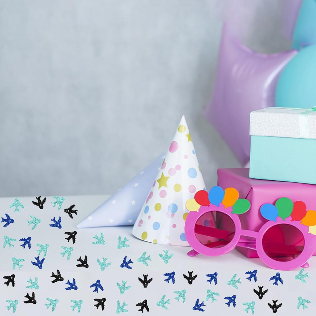 100Pcs Airplane Confetti, Blue&Black Glitter Plane Table Confetti, Boys Birthday Paper Scatters, Baby Shower/Retirement/Travel Theme Party Table Decoration