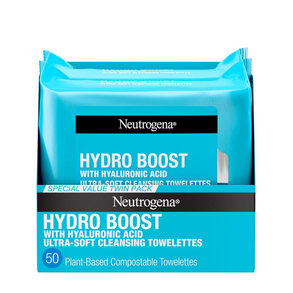 Neutrogena Hydro Boost Face Wipes + Hyaluronic Acid, Hydrating Makeup Remover Wipes Remove Dirt & Waterproof Makeup, Hypoallergenic, 100% Plant-Based Cloth, 2 X 25 Ct