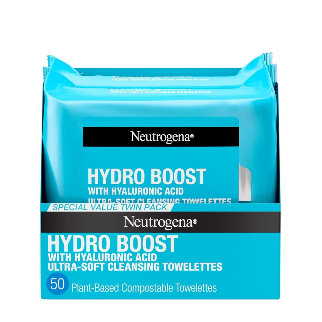 Neutrogena Hydro Boost Face Wipes + Hyaluronic Acid, Hydrating Makeup Remover Wipes Remove Dirt & Waterproof Makeup, Hypoallergenic, 100% Plant-Based Cloth, 2 X 25 Ct