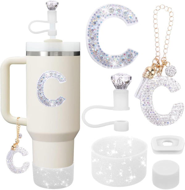 Mity Rain Accessories Set for Stanley Cup, Initials Decorations for Tumbler Cup 30/40OZ, Including Diamond Straw Topper/Spill Proof Stopper/Sparkly Silicone Boot Set/Letter Charms for Handle A-Z (C)