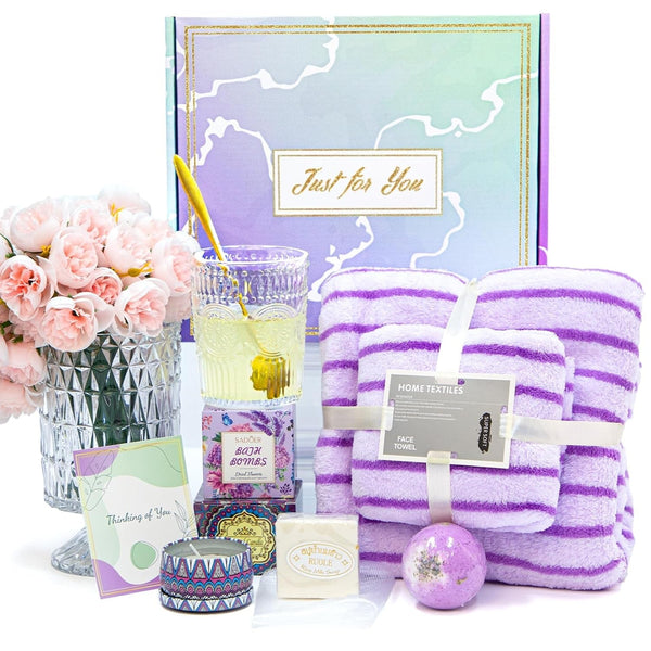 Get Well Soon Gift Basket for Women, Self Care Spa Gift Baskets with Blanket, Thinking of You for Birthday Mom, Sister, Wife, Friend or Care Package for Women, Purple