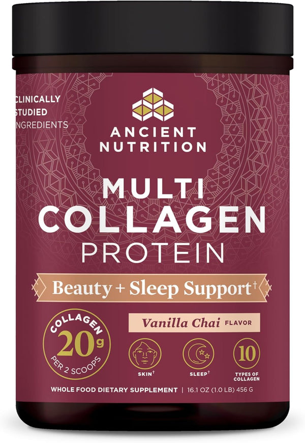 Ancient Nutrition Collagen Powder Protein, Multi Collagen Protein Beauty + Sleep with Vitamin C, Vanilla Chai, Hydrolyzed Collagen Peptides Supports Skin and Nails, Sleep, 16.1Oz