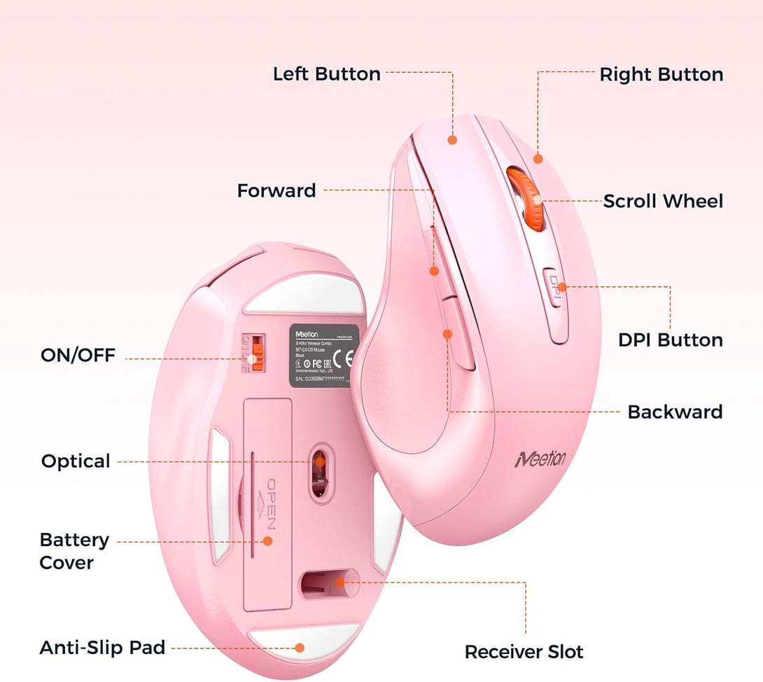 MEETION Wireless Keyboard and Mouse, Full-Sized Cordless Keyboard with Wrist Rest and 3 DPI Adjustable Mouse, 2.4G Wireless, Compatible with Pc/Computer/Laptop/Windows/Mac, Pink