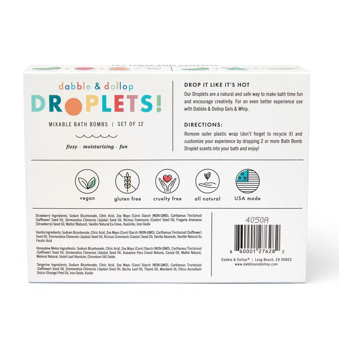 Dabble & Dollop Bath Bombs, 100% Natural Droplets for Kids, Original Scents - USA Made, Moisturizing & Fun Droplets, Paraben & Sulfate Free, Vegan, Gluten-Free (Set of 12)