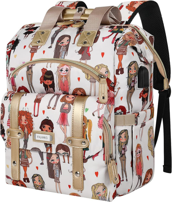 Laptop Backpack for Women,Teacher Doctor Nurse Work Purse Bag for 15.6 Inch Laptop, Wide Open Cute Cartoon Pattern Bookbag, Large Backpack for Women with USB Charging Port RFID anti Theft Pocket