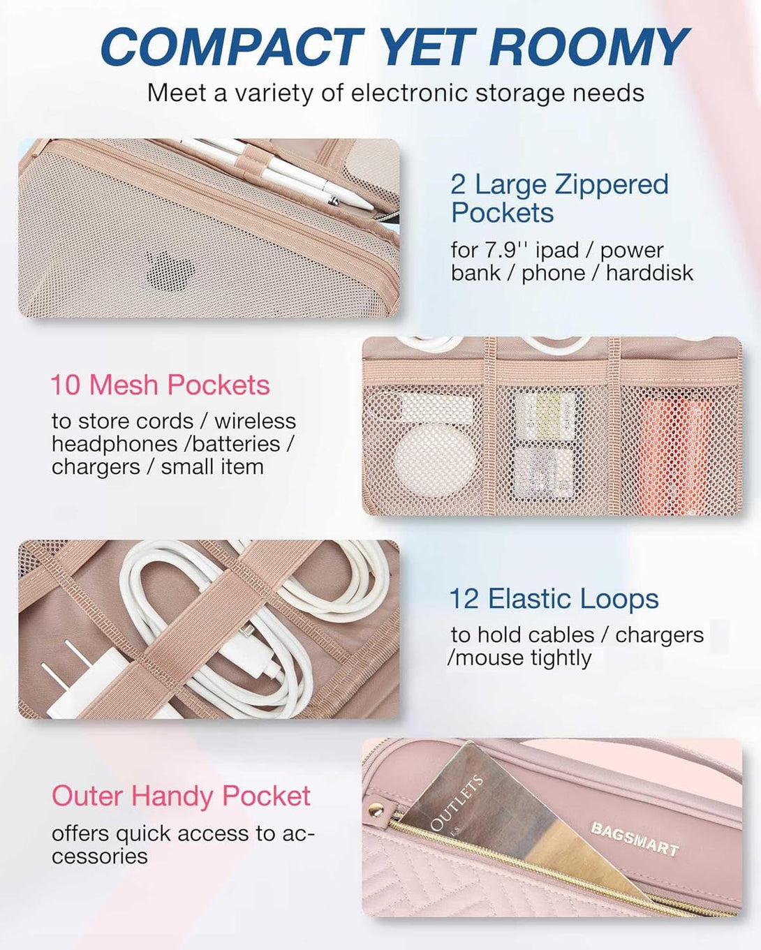 BAGSMART Electronic Organizer Case - Double Layer Cord and Tech Travel Organizer Bag for Charging Cables, Pink