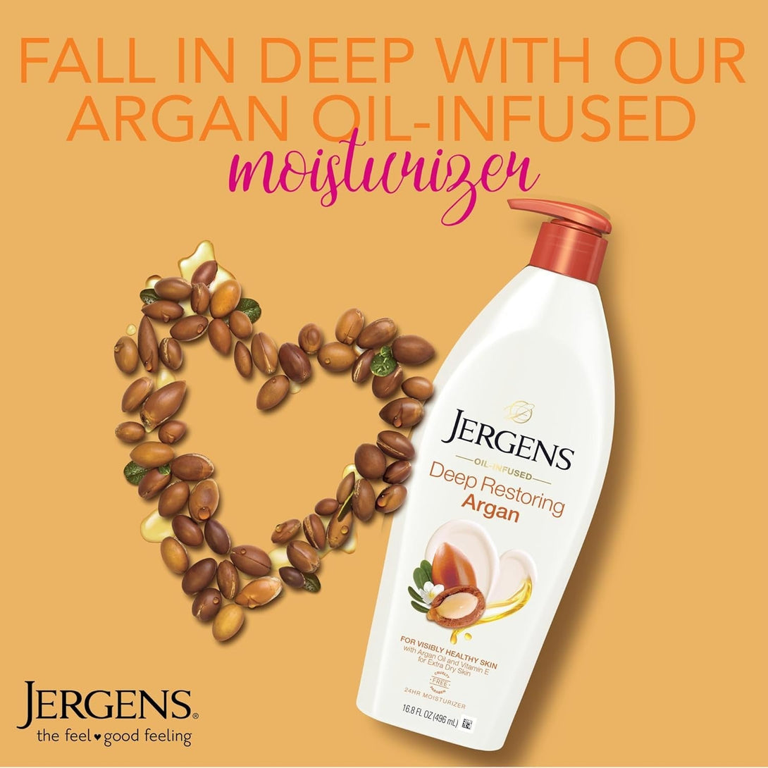 Jergens Deep Restoring Argan Oil Moisturizer, Soothing Body and Hand Lotion with Reviving Argan Oil and Vitamin E, Oil-Infused, Dermatologist Tested, 16.8 Oz