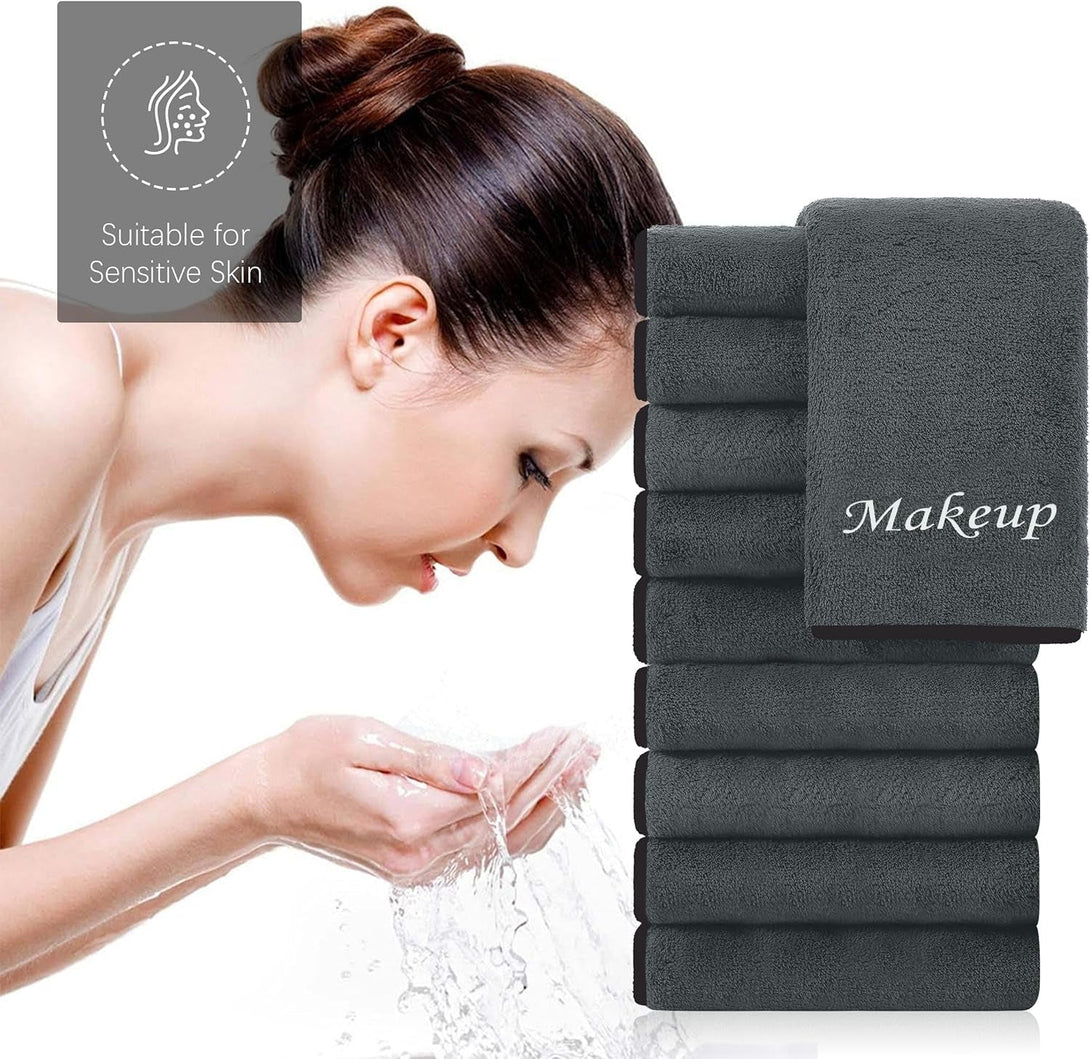Cosy Family 10 Pack Makeup Remover Wash Cloths - Soft Microfiber Fingertip Facial Cleansing Cloths for Hand and Make Up, 12 X 12 In, Black Grey