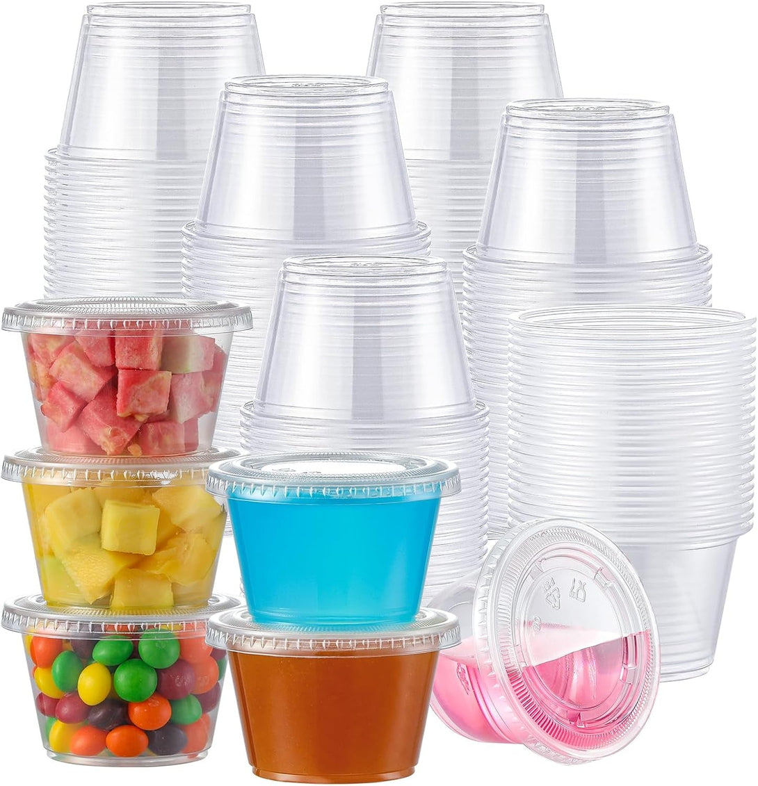 AOZITA 100 Sets - 4 Oz Portion Cups with Lids, Jello Shot Cups, Small Plastic Containers, Airtight and Stackable Souffle Cups